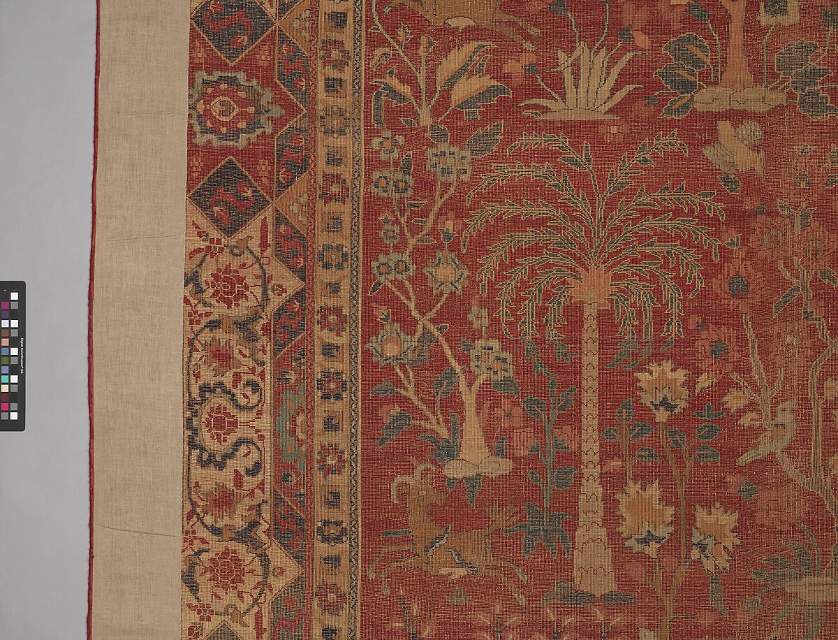 Carpet with Palm Trees, Ibexes, and Birds, Cotton (warp and weft), wool (pile); asymmetrically knotted pile