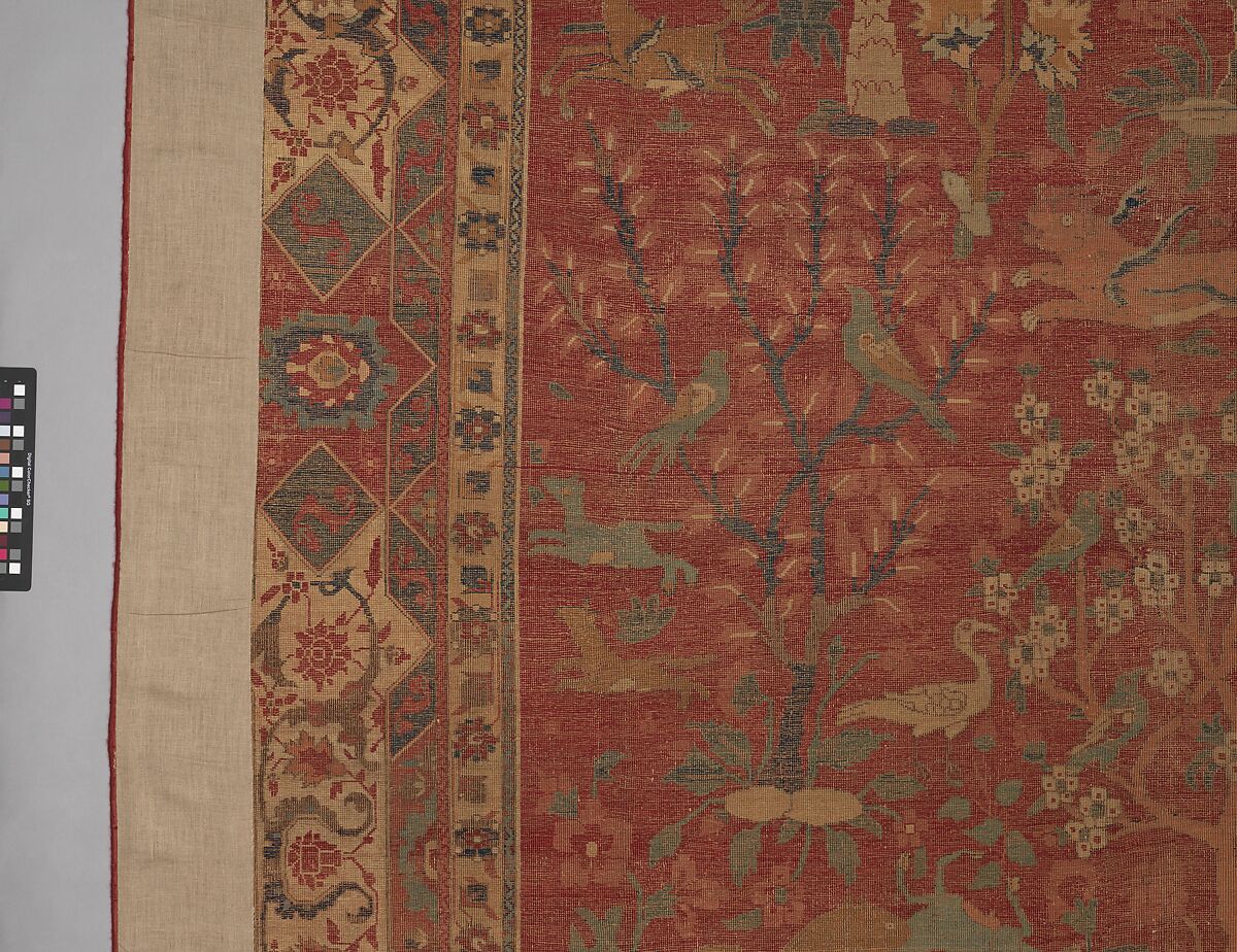 Carpet with Palm Trees, Ibexes, and Birds, Cotton (warp and weft), wool (pile); asymmetrically knotted pile