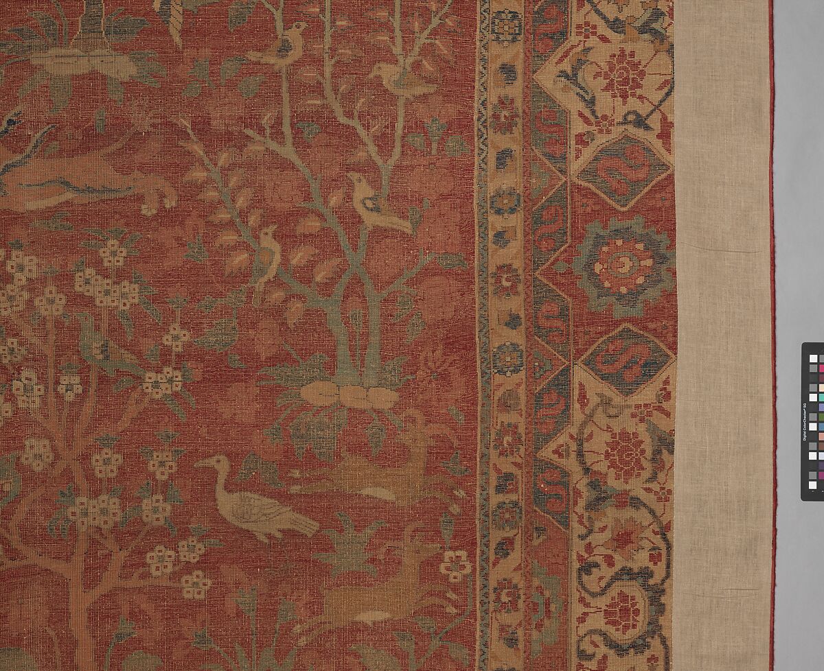 Carpet with Palm Trees, Ibexes, and Birds, Cotton (warp and weft), wool (pile); asymmetrically knotted pile