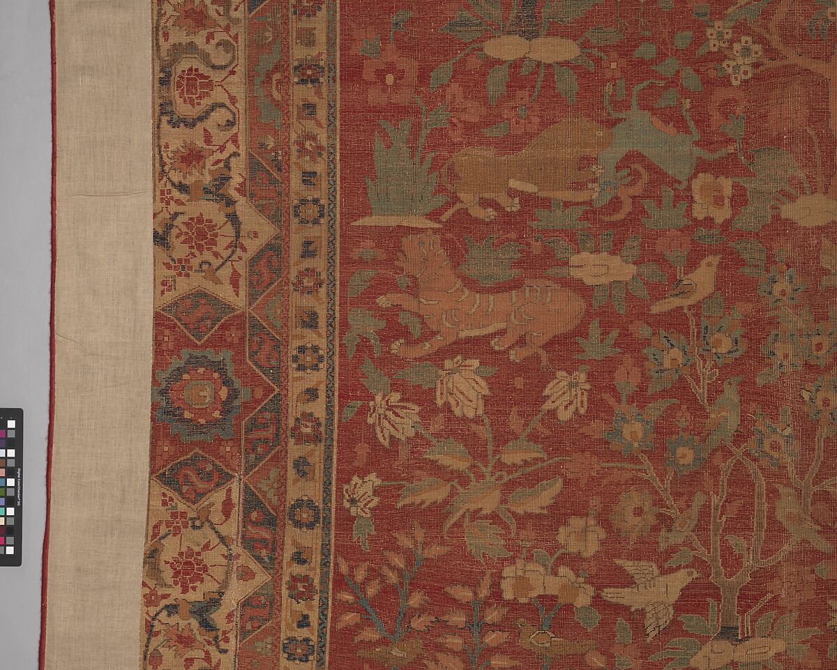 Carpet with Palm Trees, Ibexes, and Birds, Cotton (warp and weft), wool (pile); asymmetrically knotted pile