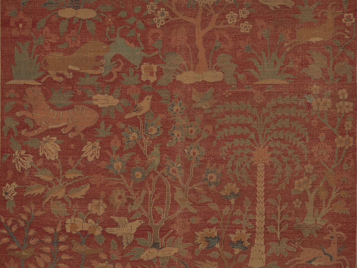 Carpet with Palm Trees, Ibexes, and Birds, Cotton (warp and weft), wool (pile); asymmetrically knotted pile