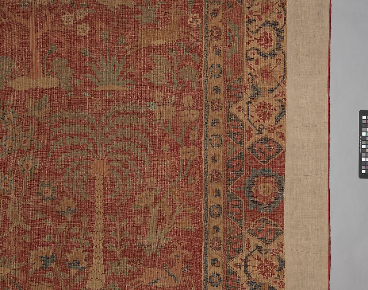 Carpet with Palm Trees, Ibexes, and Birds, Cotton (warp and weft), wool (pile); asymmetrically knotted pile