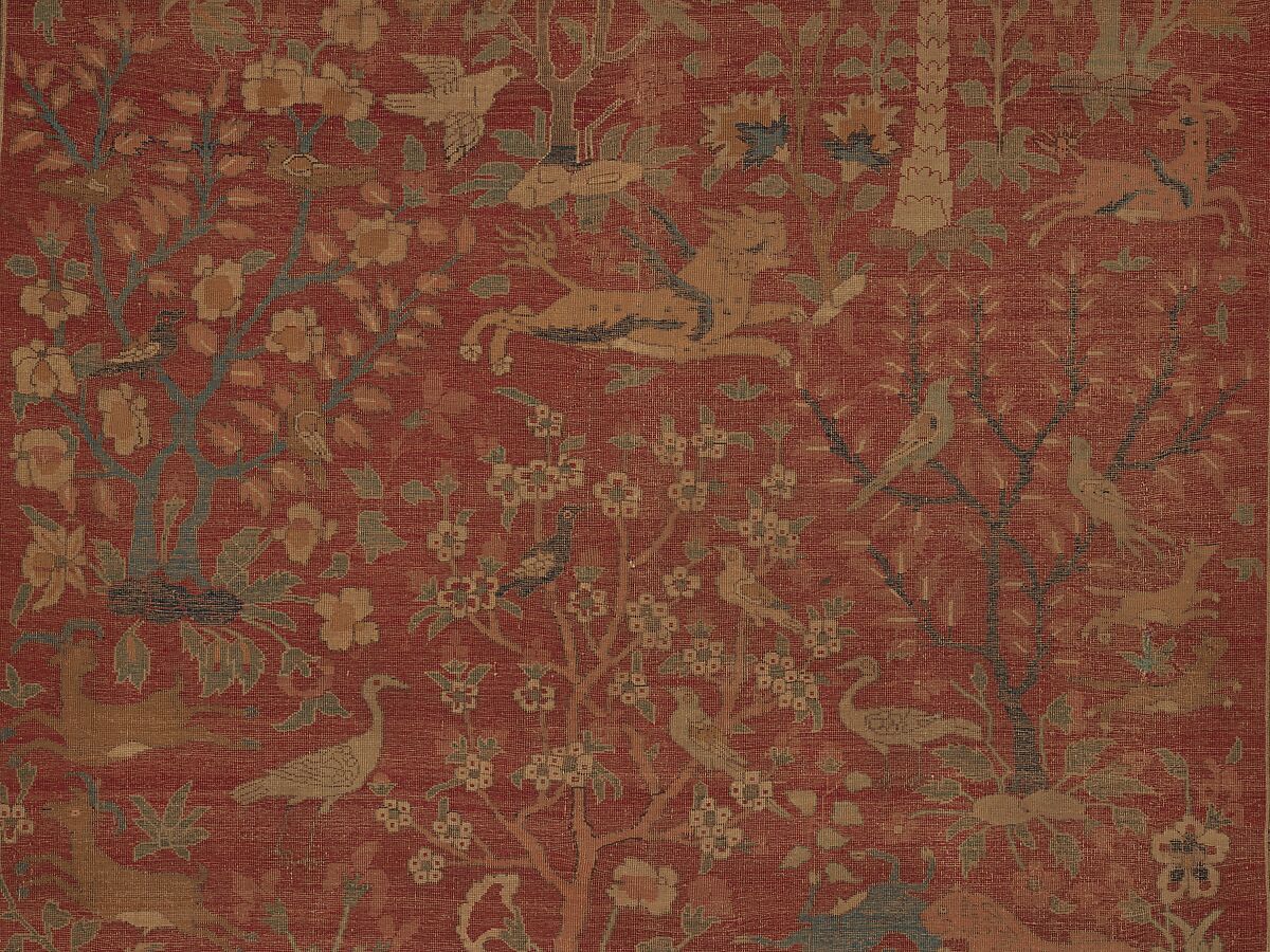 Carpet with Palm Trees, Ibexes, and Birds, Cotton (warp and weft), wool (pile); asymmetrically knotted pile