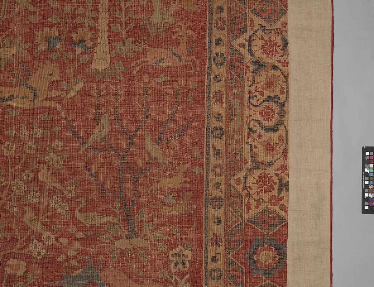 Carpet with Palm Trees, Ibexes, and Birds, Cotton (warp and weft), wool (pile); asymmetrically knotted pile