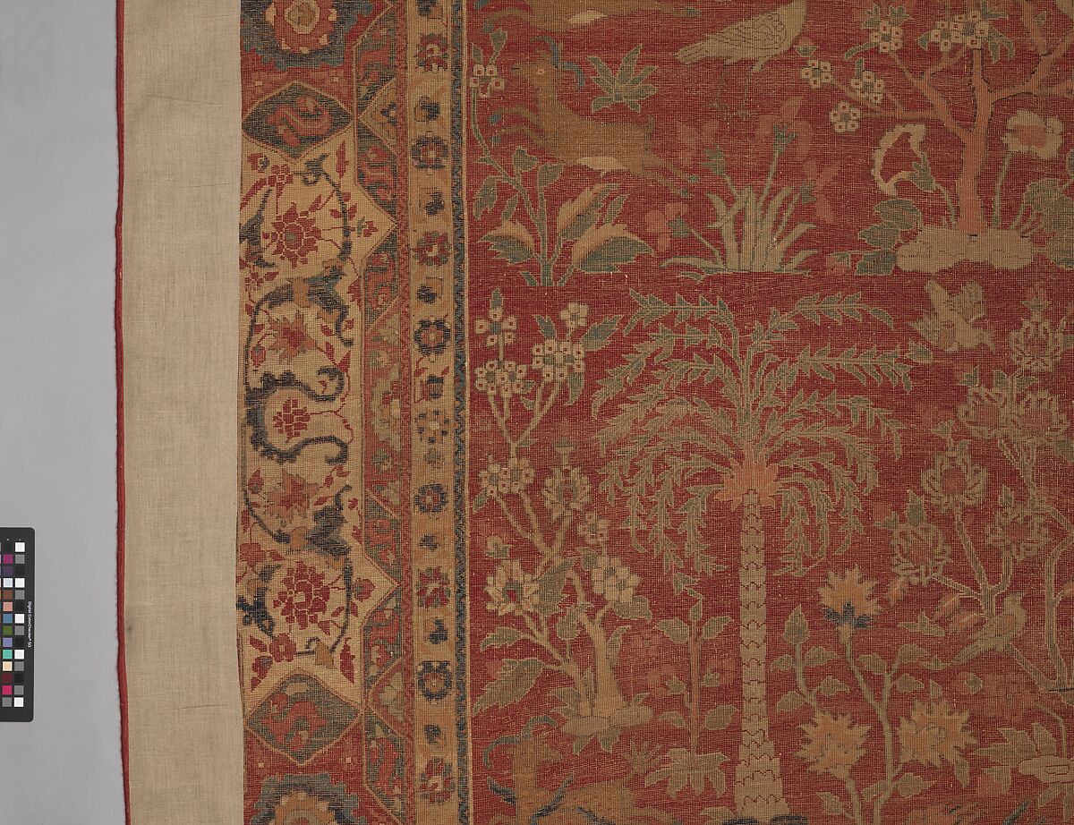 Carpet with Palm Trees, Ibexes, and Birds, Cotton (warp and weft), wool (pile); asymmetrically knotted pile