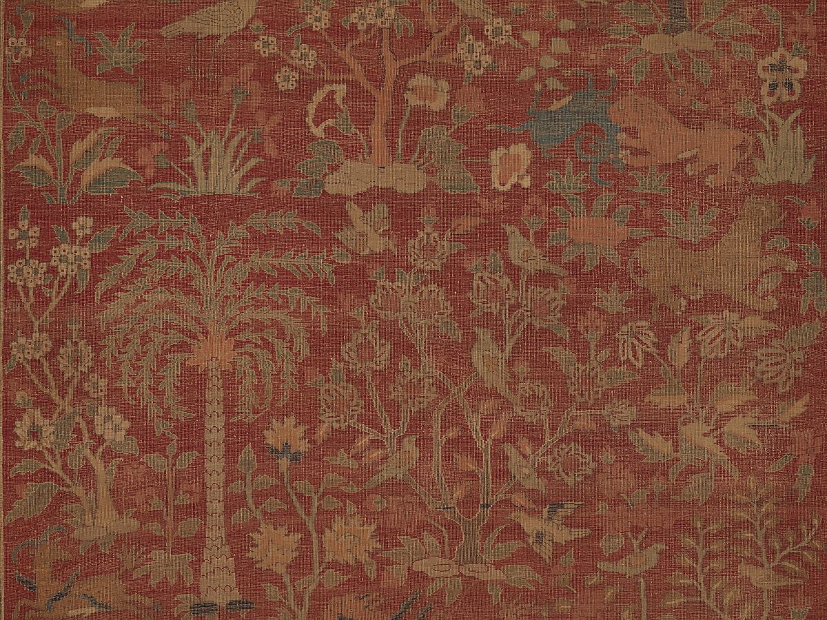 Carpet with Palm Trees, Ibexes, and Birds, Cotton (warp and weft), wool (pile); asymmetrically knotted pile
