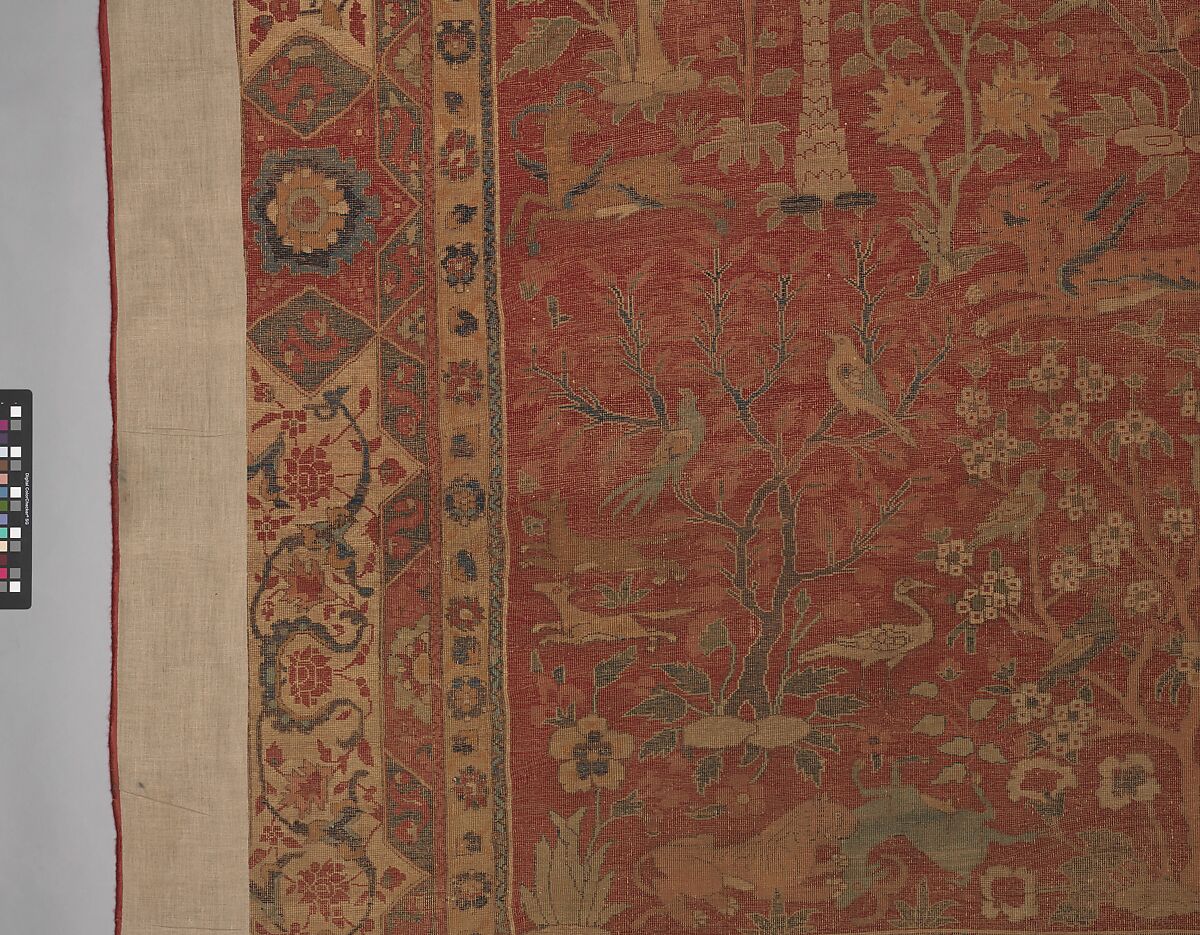 Carpet with Palm Trees, Ibexes, and Birds, Cotton (warp and weft), wool (pile); asymmetrically knotted pile