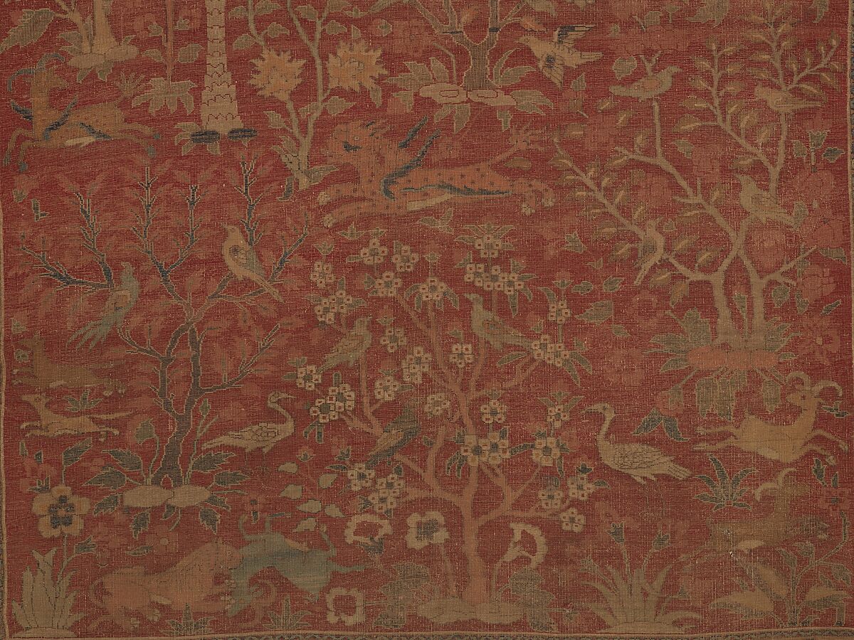 Carpet with Palm Trees, Ibexes, and Birds, Cotton (warp and weft), wool (pile); asymmetrically knotted pile