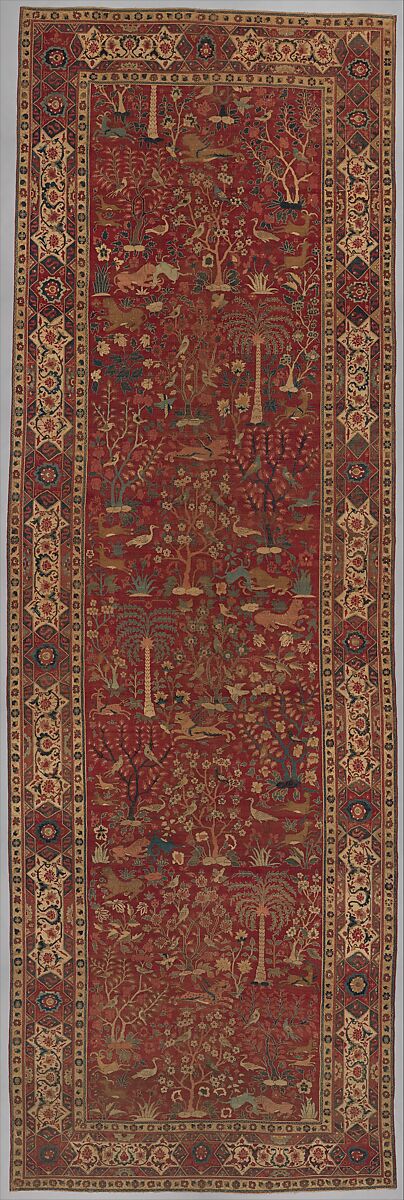 Carpet with Palm Trees, Ibexes, and Birds, Cotton (warp and weft), wool (pile); asymmetrically knotted pile 
