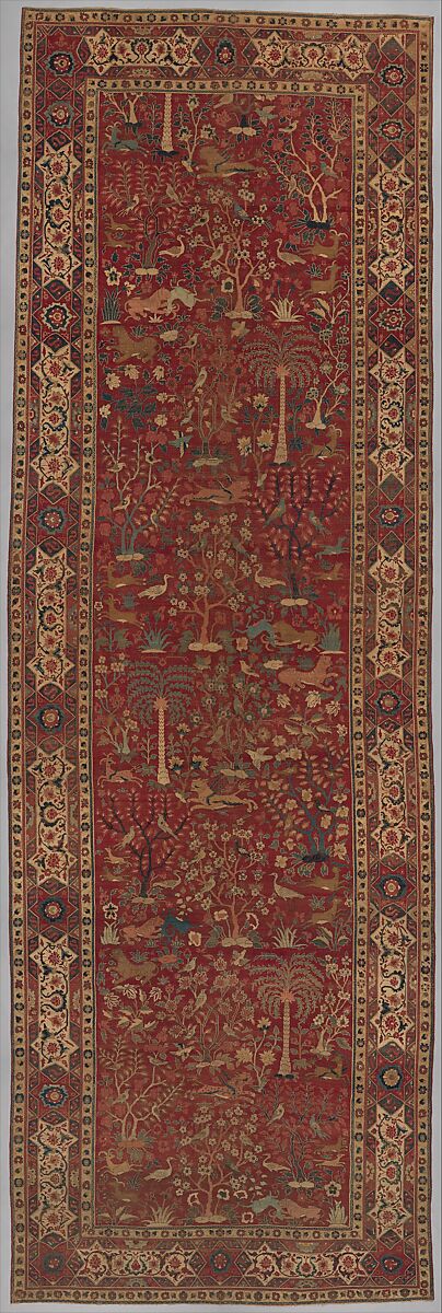 Carpet with Palm Trees, Ibexes, and Birds, Cotton (warp and weft), wool (pile); asymmetrically knotted pile