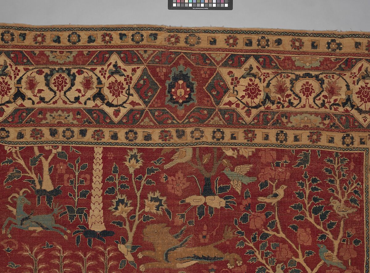 Carpet with Palm Trees, Ibexes, and Birds, Cotton (warp and weft), wool (pile); asymmetrically knotted pile