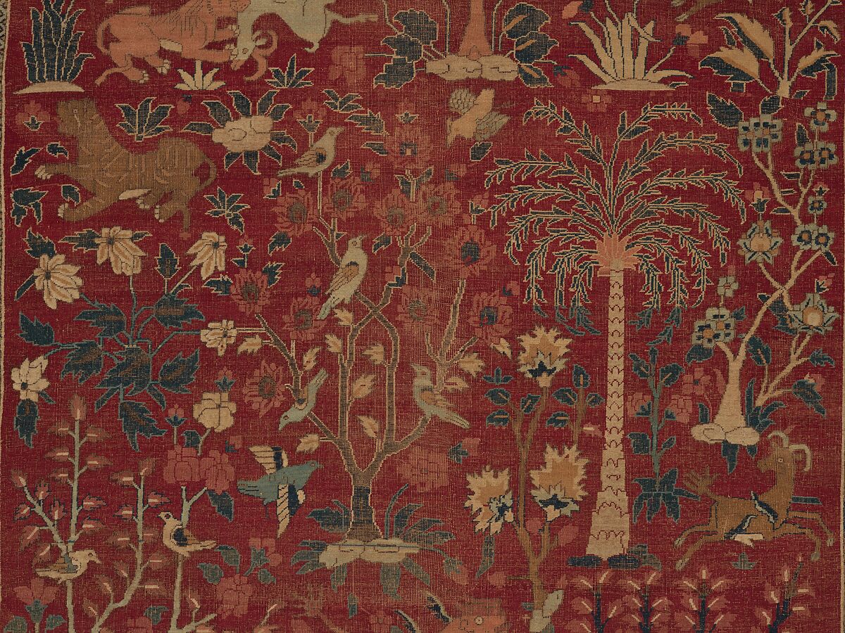 Carpet with Palm Trees, Ibexes, and Birds, Cotton (warp and weft), wool (pile); asymmetrically knotted pile