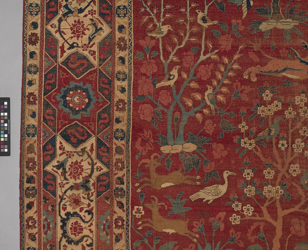 Carpet with Palm Trees, Ibexes, and Birds, Cotton (warp and weft), wool (pile); asymmetrically knotted pile