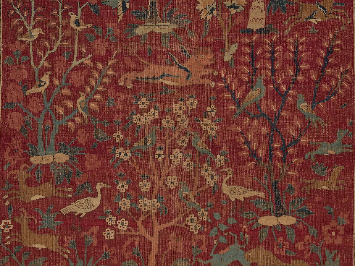 Carpet with Palm Trees, Ibexes, and Birds, Cotton (warp and weft), wool (pile); asymmetrically knotted pile