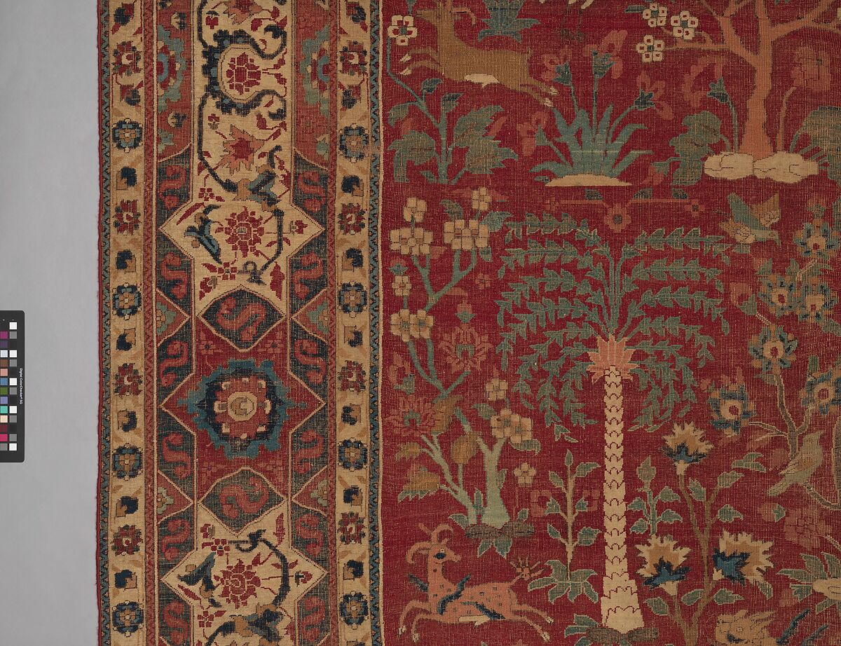 Carpet with Palm Trees, Ibexes, and Birds, Cotton (warp and weft), wool (pile); asymmetrically knotted pile