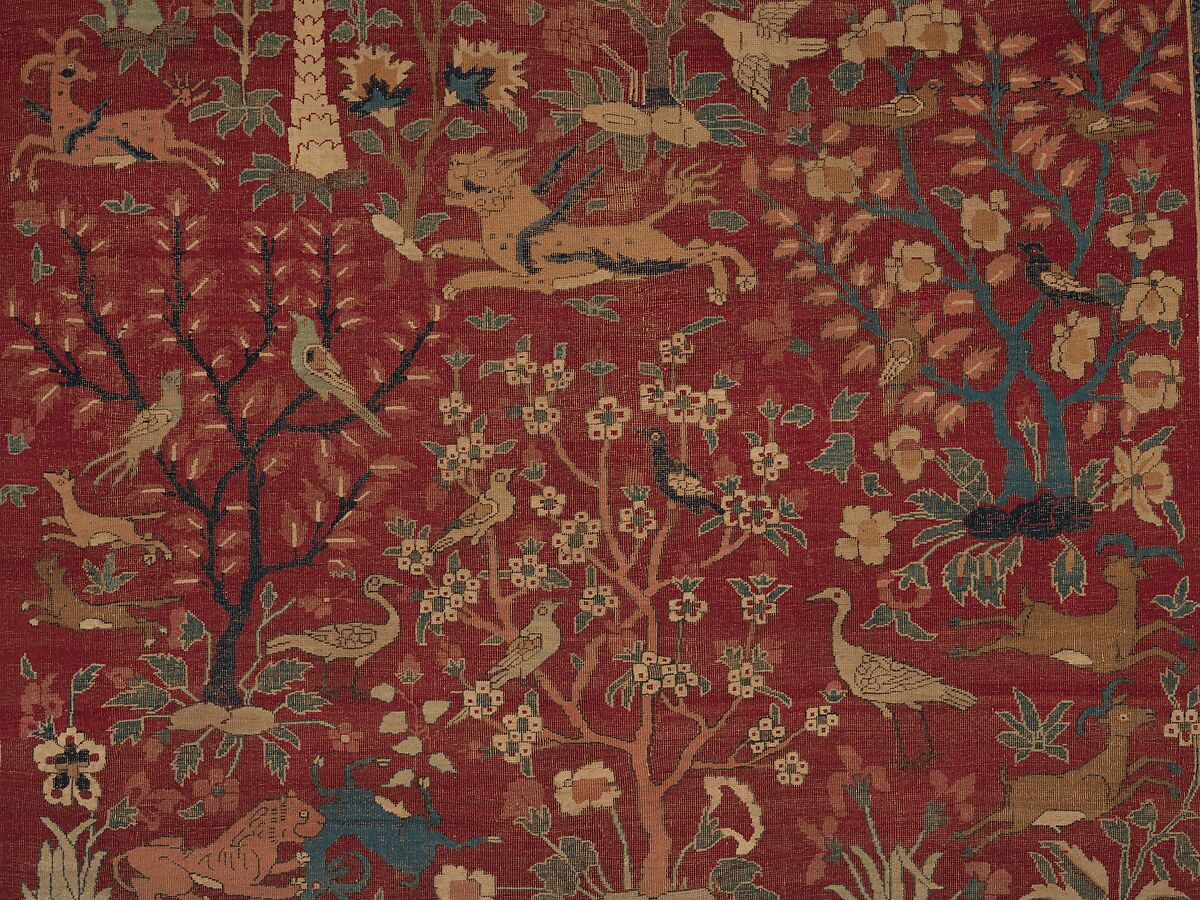 Carpet with Palm Trees, Ibexes, and Birds, Cotton (warp and weft), wool (pile); asymmetrically knotted pile