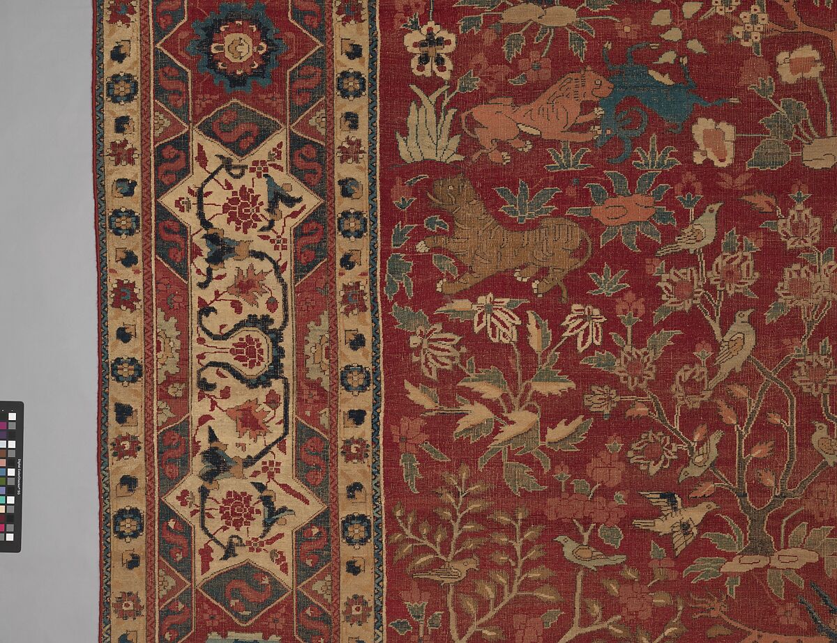Carpet with Palm Trees, Ibexes, and Birds, Cotton (warp and weft), wool (pile); asymmetrically knotted pile