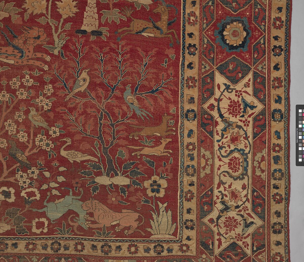 Carpet with Palm Trees, Ibexes, and Birds, Cotton (warp and weft), wool (pile); asymmetrically knotted pile