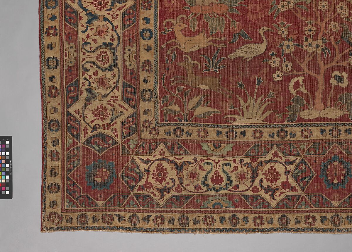 Carpet with Palm Trees, Ibexes, and Birds, Cotton (warp and weft), wool (pile); asymmetrically knotted pile
