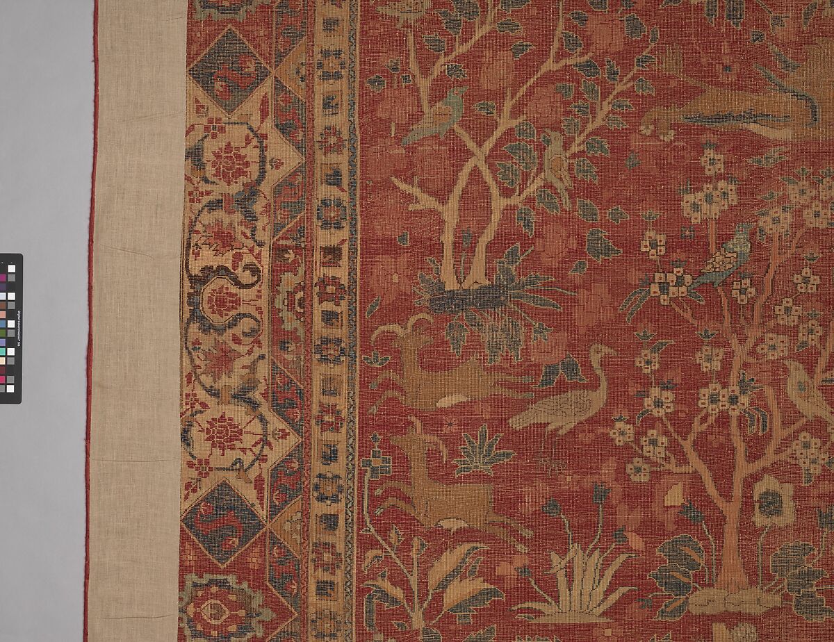 Carpet with Palm Trees, Ibexes, and Birds, Cotton (warp and weft), wool (pile); asymmetrically knotted pile