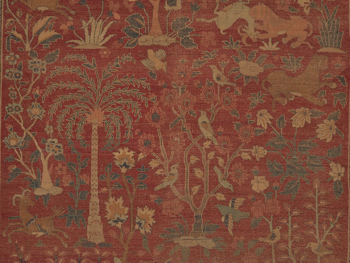 Carpet with Palm Trees, Ibexes, and Birds, Cotton (warp and weft), wool (pile); asymmetrically knotted pile