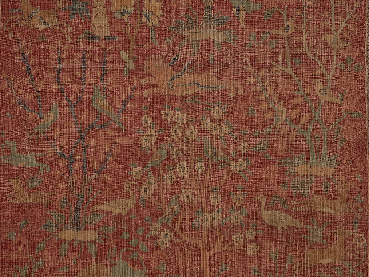 Carpet with Palm Trees, Ibexes, and Birds, Cotton (warp and weft), wool (pile); asymmetrically knotted pile