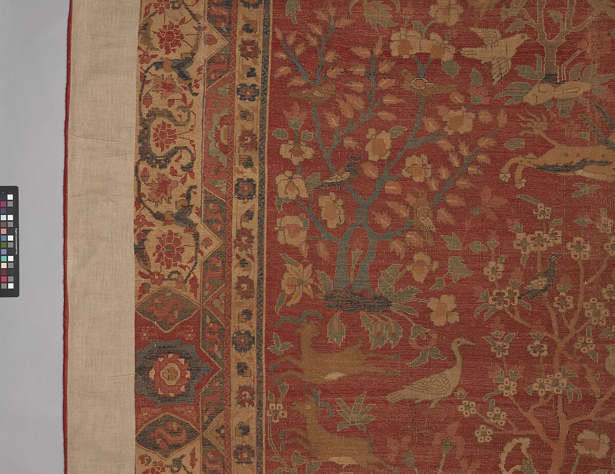 Carpet with Palm Trees, Ibexes, and Birds, Cotton (warp and weft), wool (pile); asymmetrically knotted pile