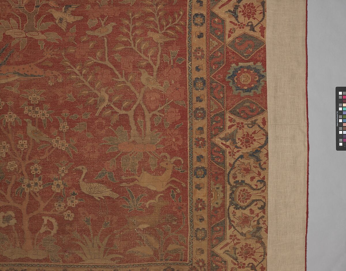 Carpet with Palm Trees, Ibexes, and Birds, Cotton (warp and weft), wool (pile); asymmetrically knotted pile