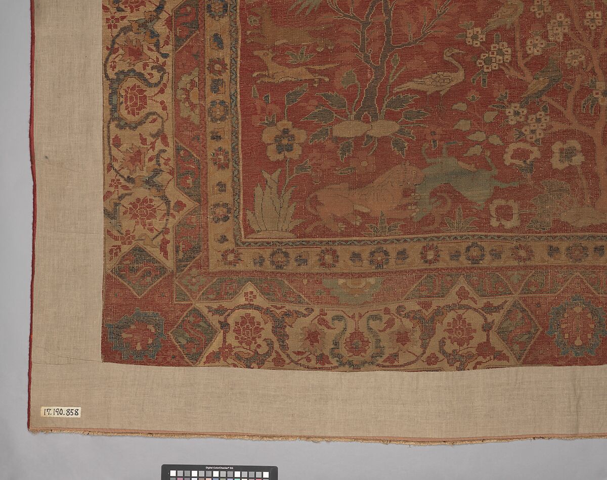Carpet with Palm Trees, Ibexes, and Birds, Cotton (warp and weft), wool (pile); asymmetrically knotted pile