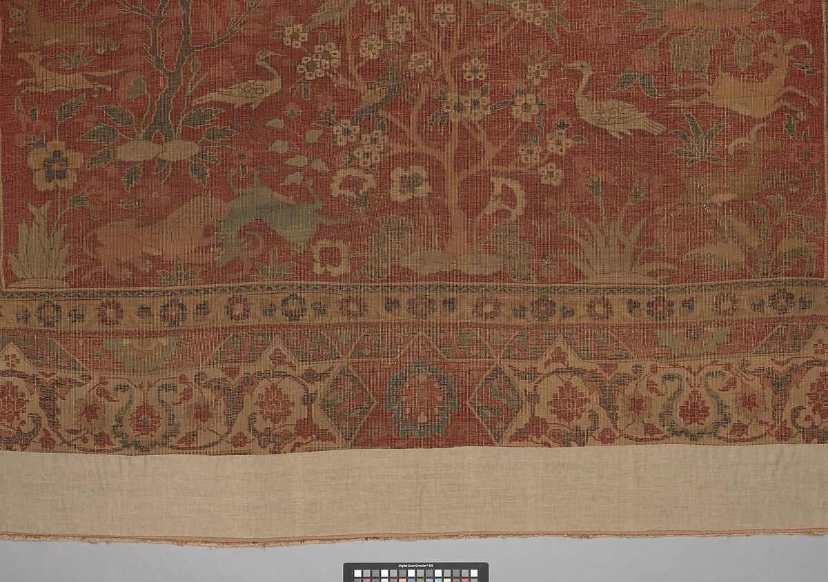 Carpet with Palm Trees, Ibexes, and Birds, Cotton (warp and weft), wool (pile); asymmetrically knotted pile