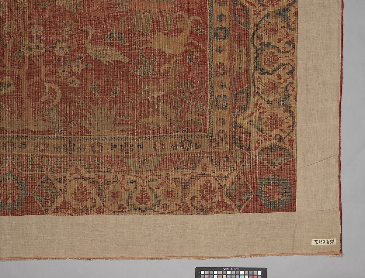 Carpet with Palm Trees, Ibexes, and Birds, Cotton (warp and weft), wool (pile); asymmetrically knotted pile