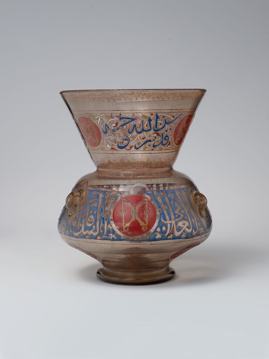 Mosque Lamp for the Mausoleum of Amir Aydakin al-'Ala'i al-Bunduqdar, Glass; blown, folded foot, applied handles, enameled, and gilded