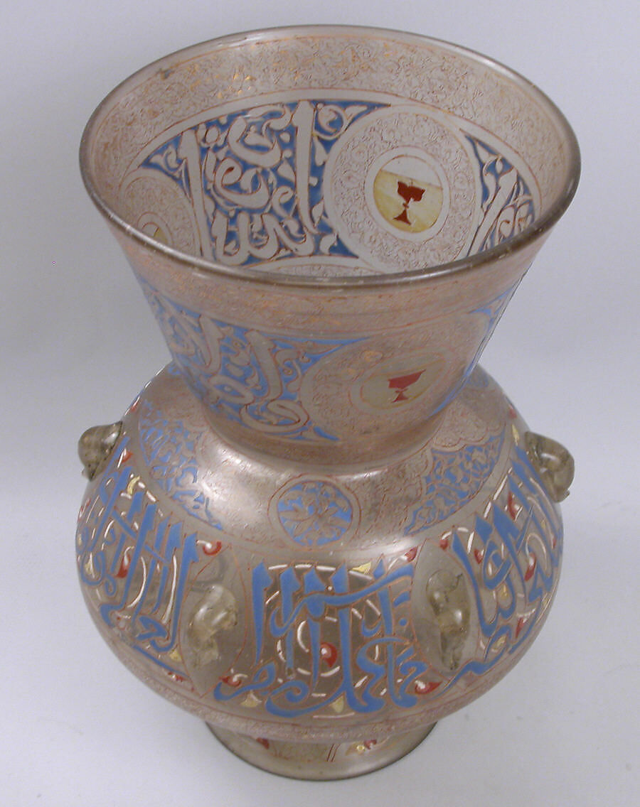 Mosque Lamp of Amir Qawsun, 'Ali ibn Muhammad al-Barmaki (Egyptian) ?, Glass, colorless with brown tinge; blown, blown applied foot, enameled and gilded
