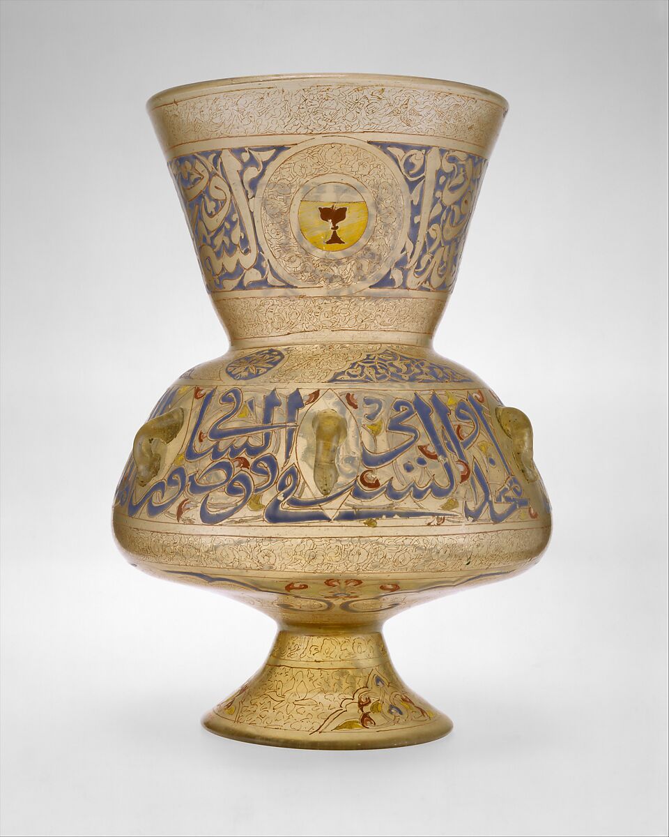 Mosque Lamp of Amir Qawsun, 'Ali ibn Muhammad al-Barmaki (Egyptian) ?, Glass, colorless with brown tinge; blown, blown applied foot, enameled and gilded