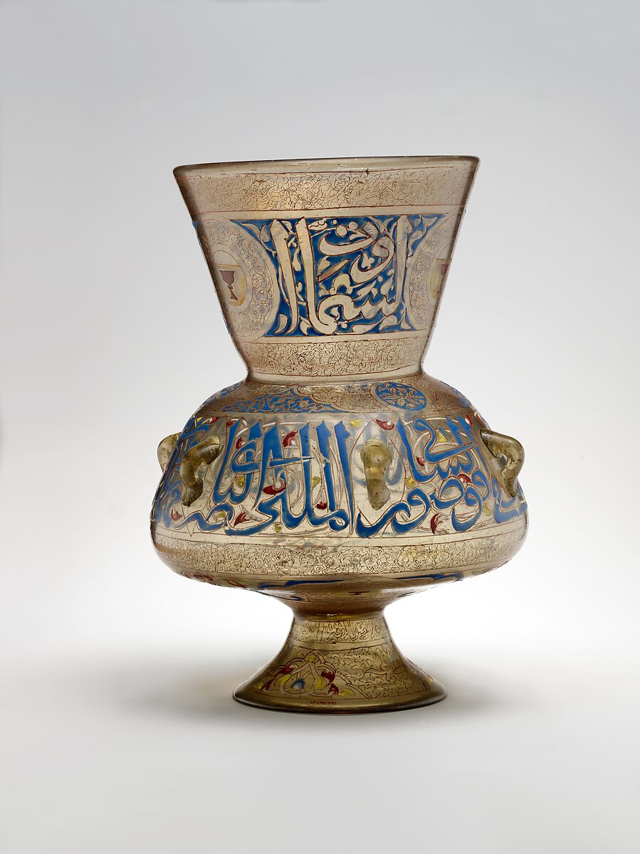 Mosque Lamp of Amir Qawsun, 'Ali ibn Muhammad al-Barmaki (Egyptian) ?, Glass, colorless with brown tinge; blown, blown applied foot, enameled and gilded