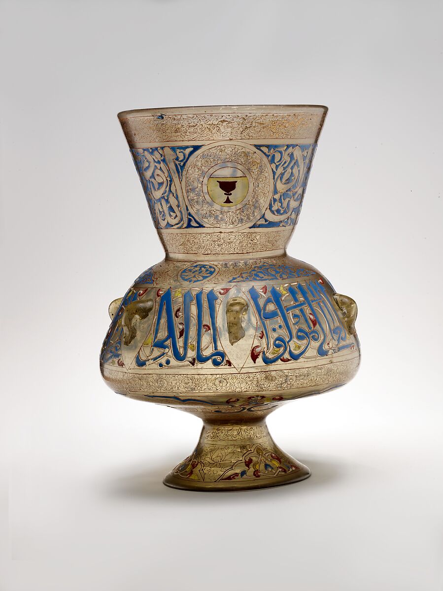 Mosque Lamp of Amir Qawsun, &#39;Ali ibn Muhammad al-Barmaki (Egyptian) ?, Glass, colorless with brown tinge; blown, blown applied foot, enameled and gilded 