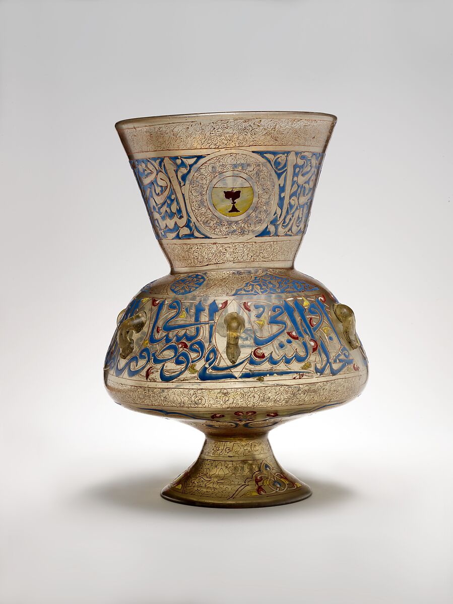 Mosque Lamp of Amir Qawsun, 'Ali ibn Muhammad al-Barmaki (Egyptian) ?, Glass, colorless with brown tinge; blown, blown applied foot, enameled and gilded