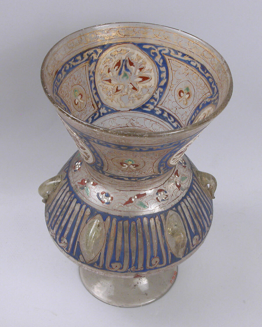 Mosque lamp, Glass, colorless with brownish tinge; free blown; enameled with red, blue, white, yellow, and green; gilded; six loops for suspension and foot attached.