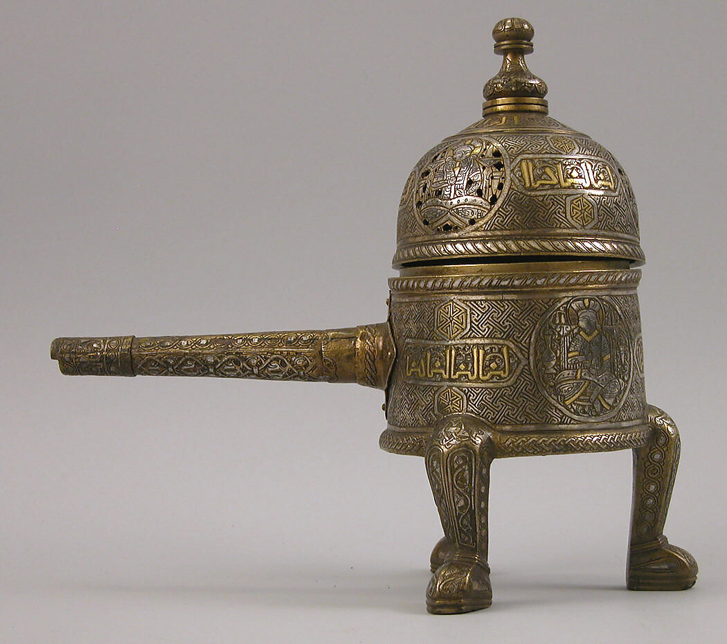 Incense Burner, Brass; cast with handle made of separately hammered sheet, pierced, inlaid with silver and gold