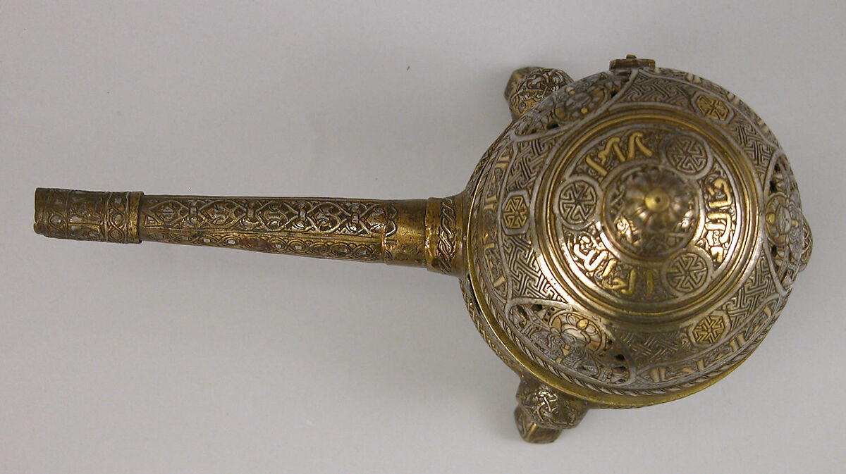 Incense Burner, Brass; cast with handle made of separately hammered sheet, pierced, inlaid with silver and gold