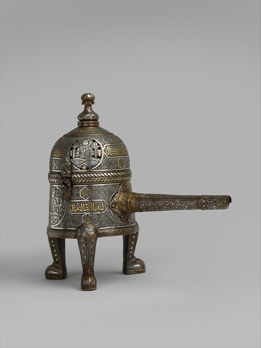 Incense Burner, Brass; cast with handle made of separately hammered sheet, pierced, inlaid with silver and gold 