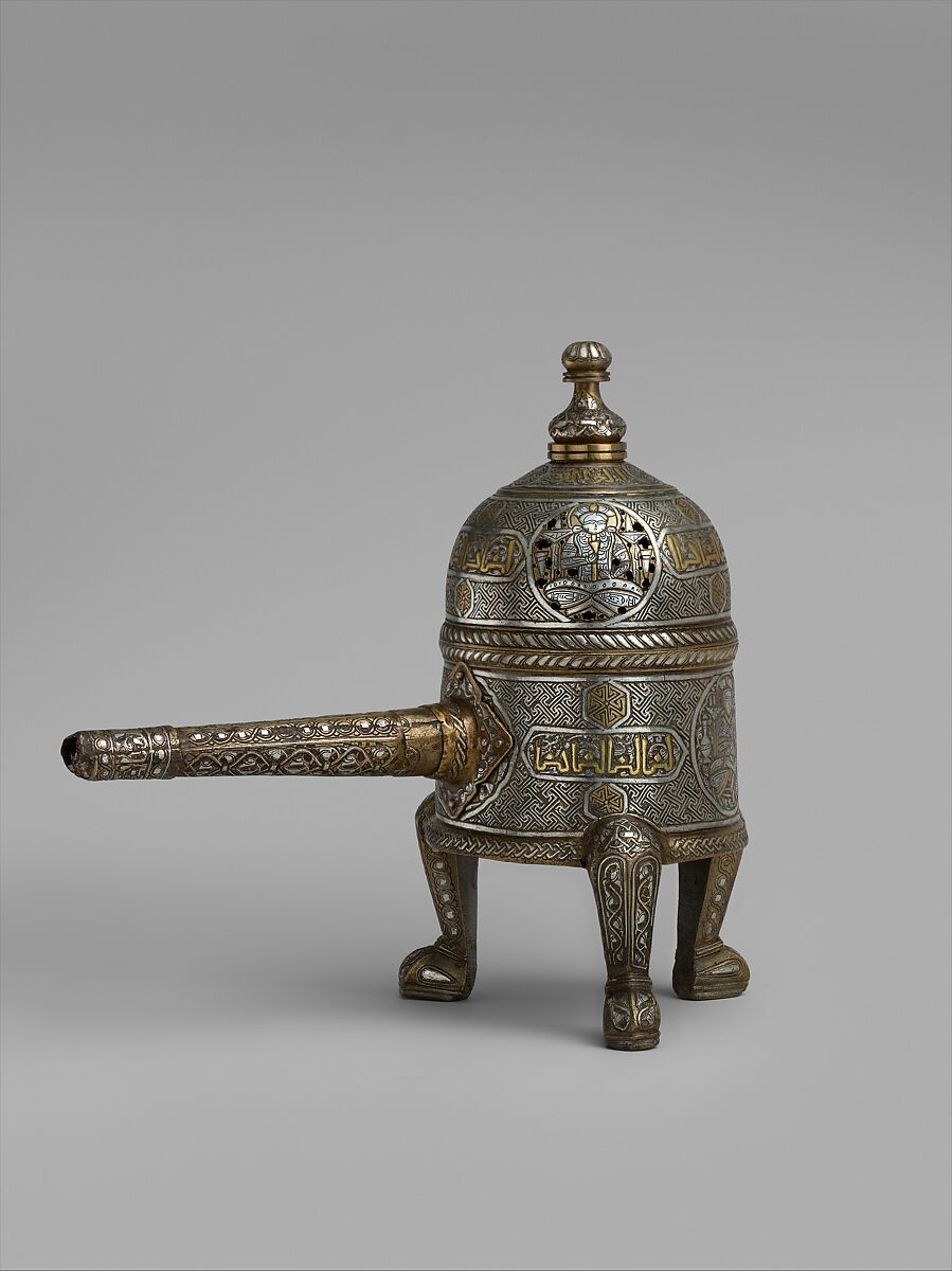 Incense Burner, Brass; cast with handle made of separately hammered sheet, pierced, inlaid with silver and gold