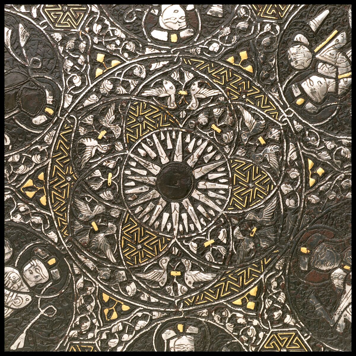 Tray with Sun Symbol, Brass; cast, chased, engraved, inlaid with silver and gold