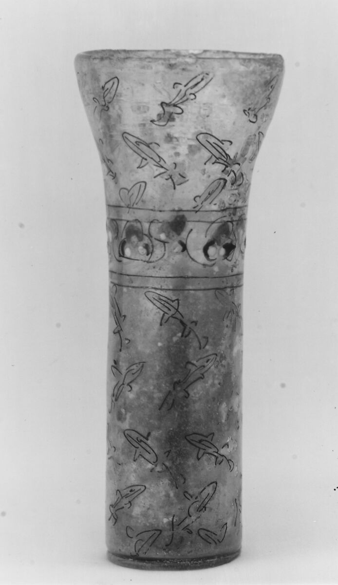 Beaker with Fish Motifs, Glass, colorless with yellow tinge; blown, applied ring foot, enameled and gilded