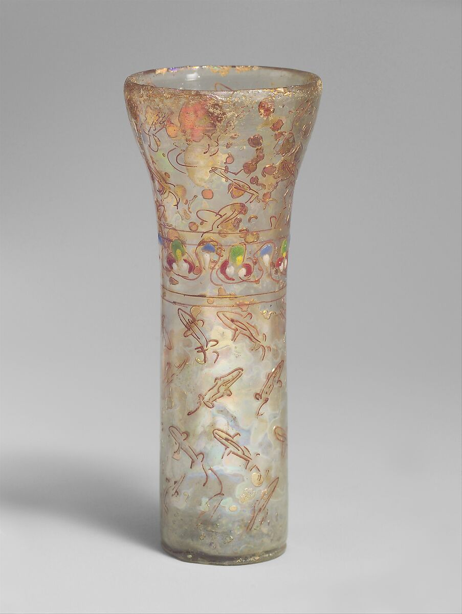 Beaker with Fish Motifs, Glass, colorless with yellow tinge; blown, applied ring foot, enameled and gilded 