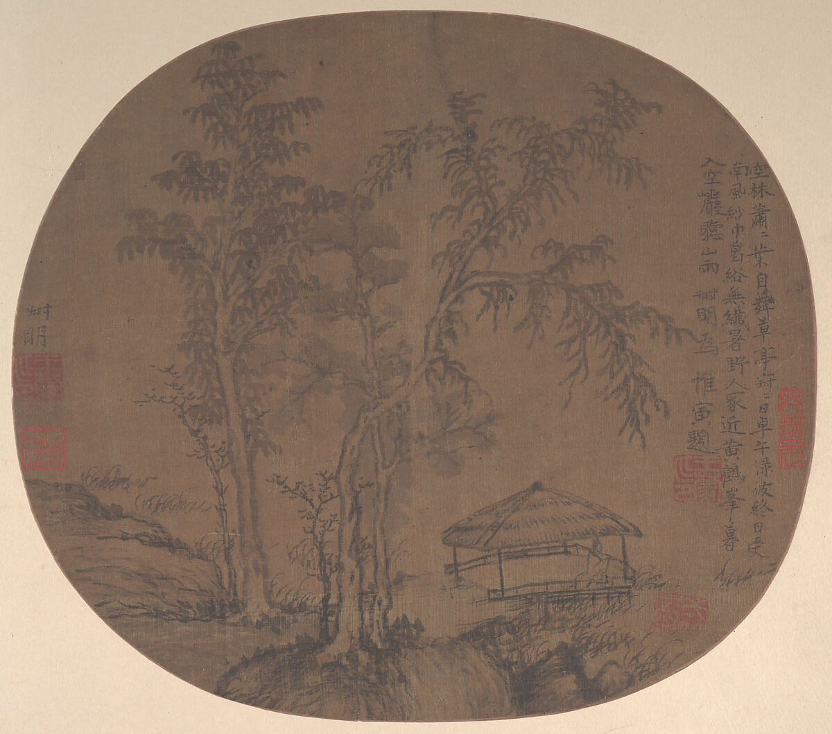 Sparse trees and pavilion, Wang Meng (Chinese, ca. 1308–1385), Fan mounted as an album leaf; ink on silk, China 