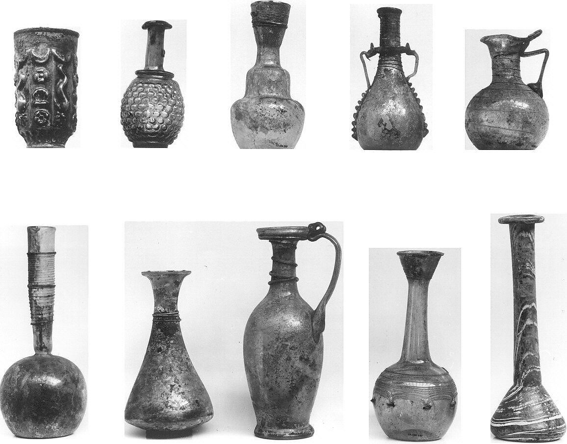 Bottle, Glass; free blown with applied decoration