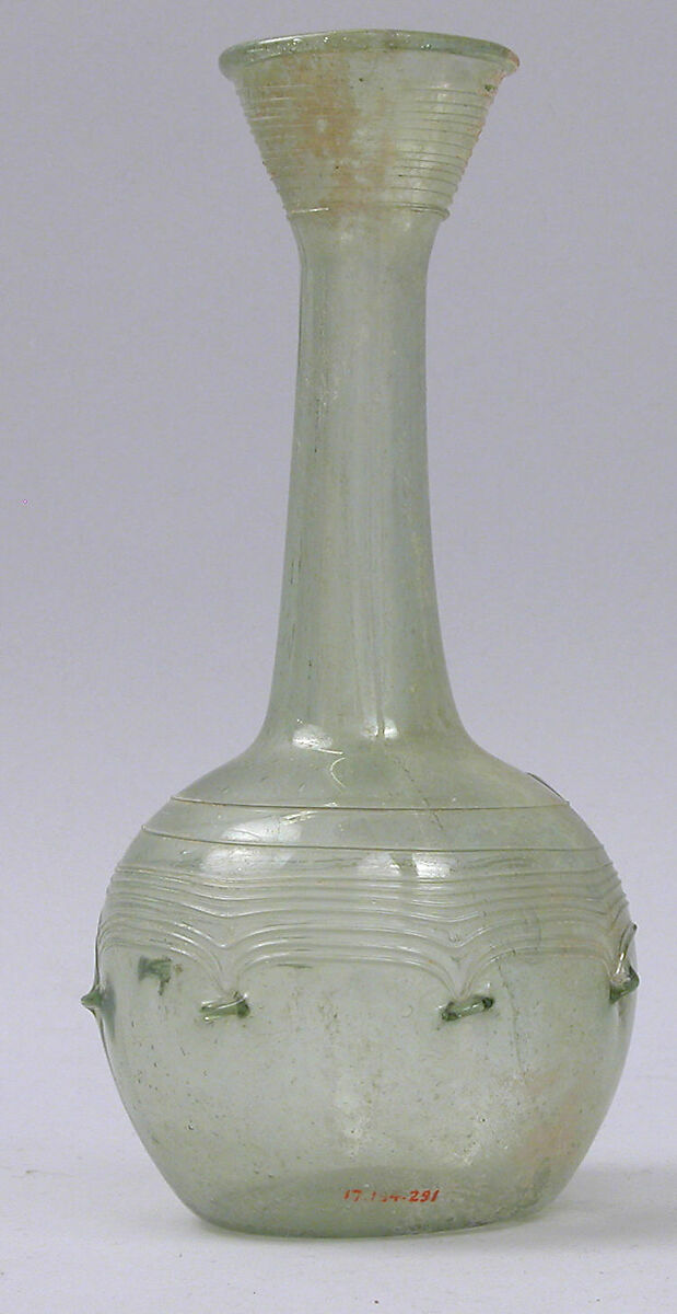 Bottle, Glass; free blown with applied decoration