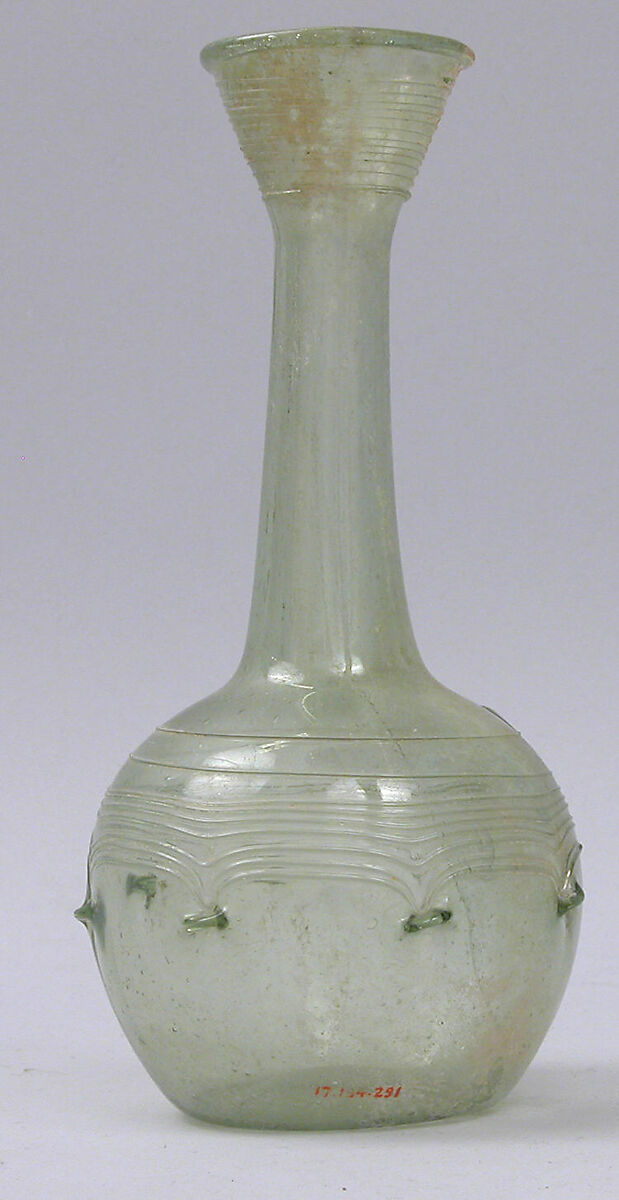 Bottle, Glass; free blown with applied decoration 