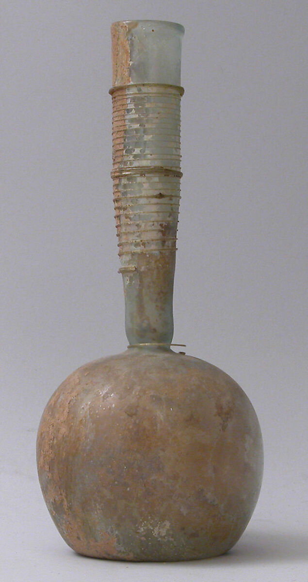 Bottle, Glass; blown, applied decoration, tooled on the blow-pipe 